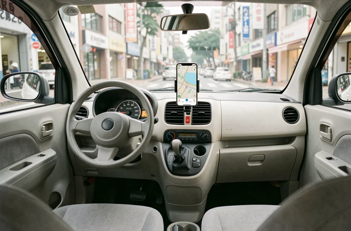Intérieur d'une voiture sans permis avec tableau de bord minimaliste et navigation GPS