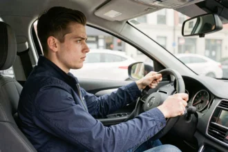 Jeune conducteur au volant d'une voiture compacte, illustrant l'assurance jeune conducteur
