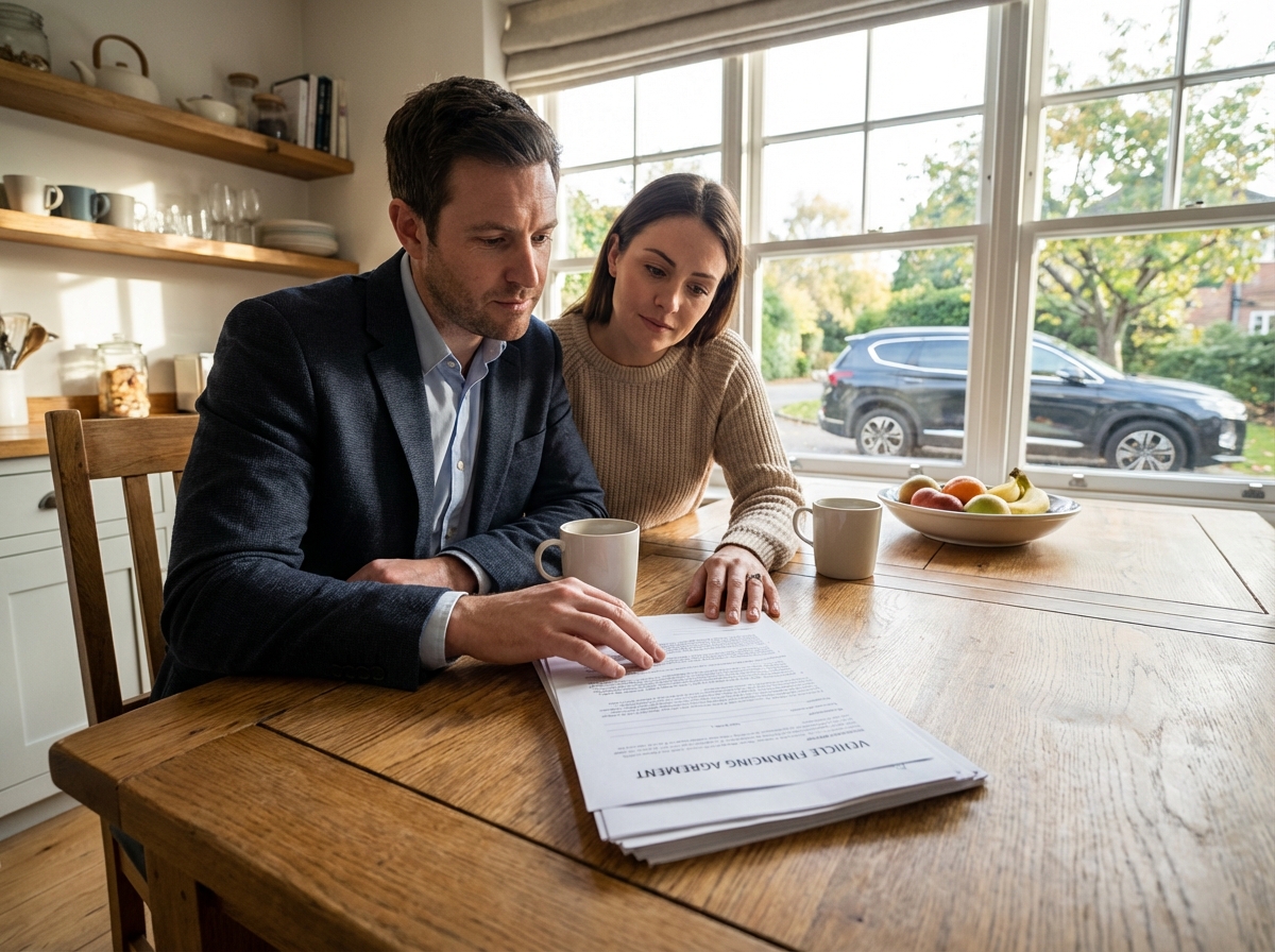 Jeune couple examinant un contrat de financement &agrave; la maison