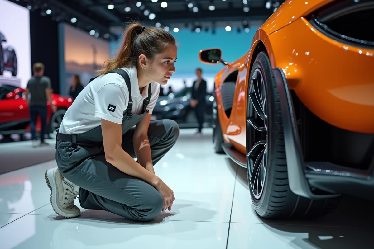 Jeune ing&eacute;nieure automobile inspectant une McLaren F1 en int&eacute;rieur