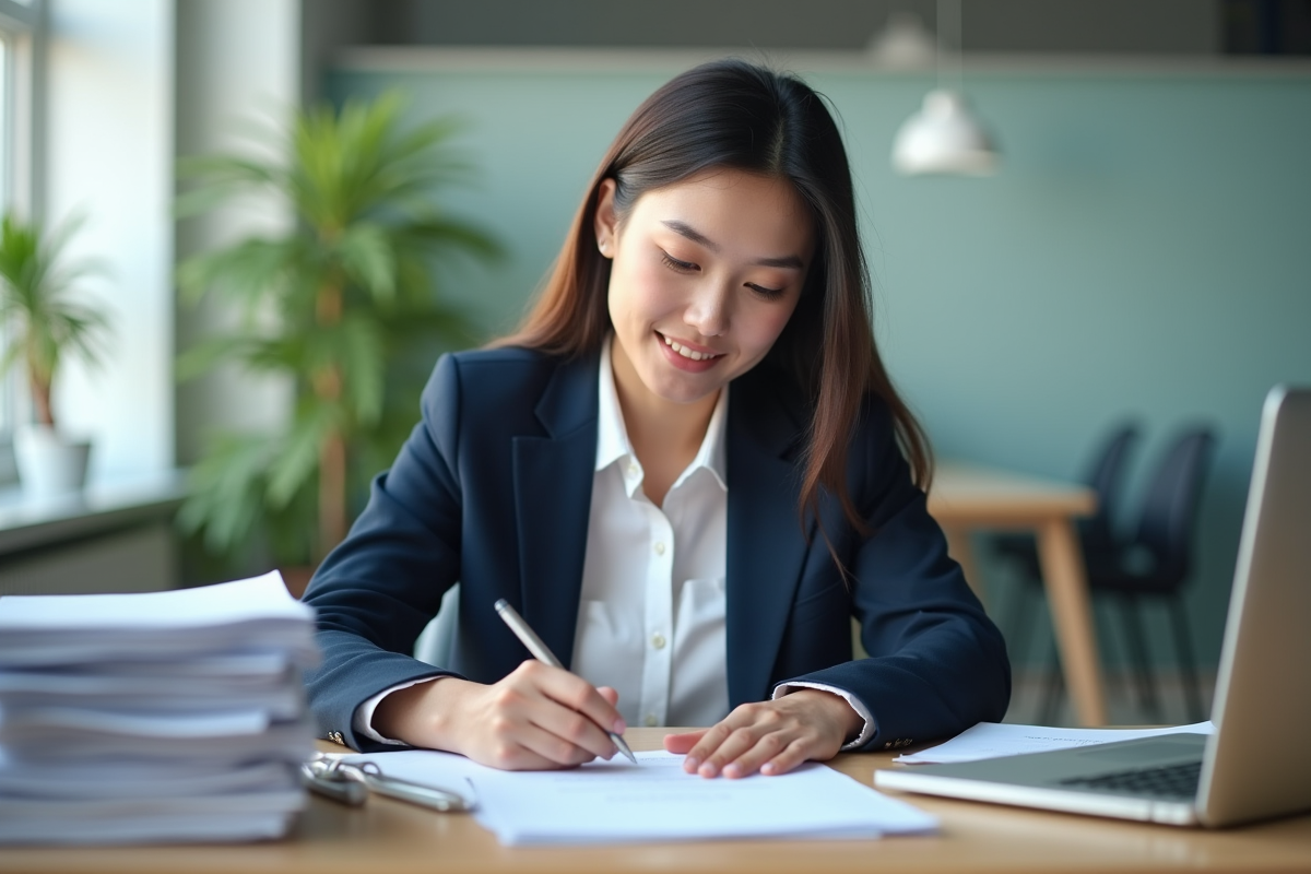 Jeune femme en blazer navy travaillant à son bureau