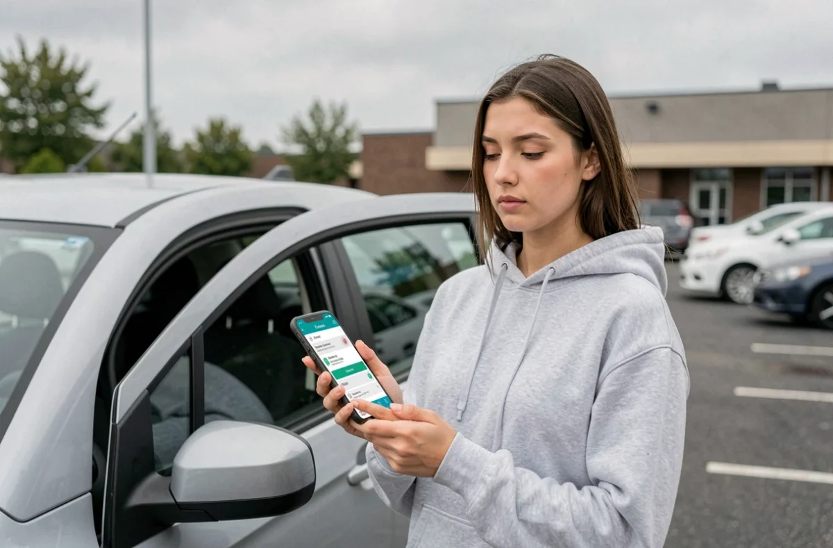 Jeune femme consultant une application de comparaison d'assurance auto sur smartphone