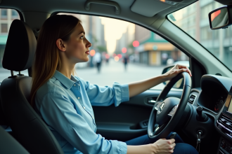 Jeune femme au volant d'une voiture en ville avec feu rouge