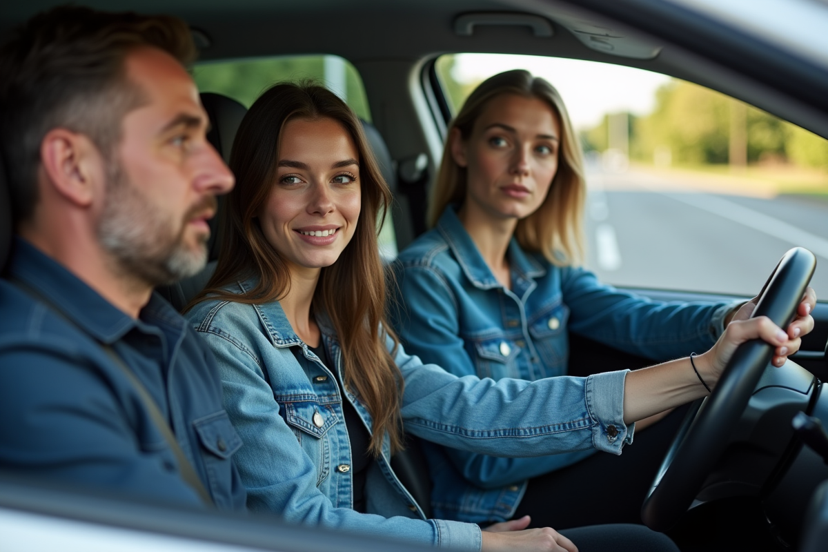 Jeune femme confiante dans une voiture en extérieur