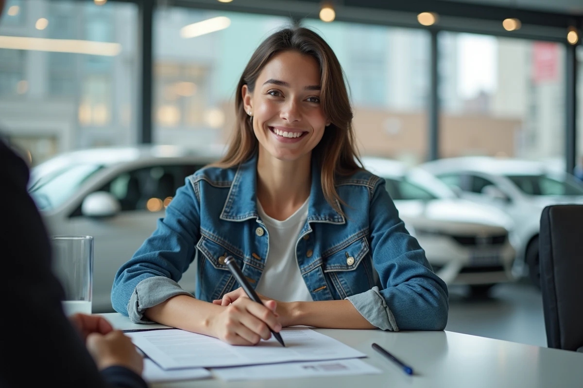 Jeune femme signant un contrat de location de voiture