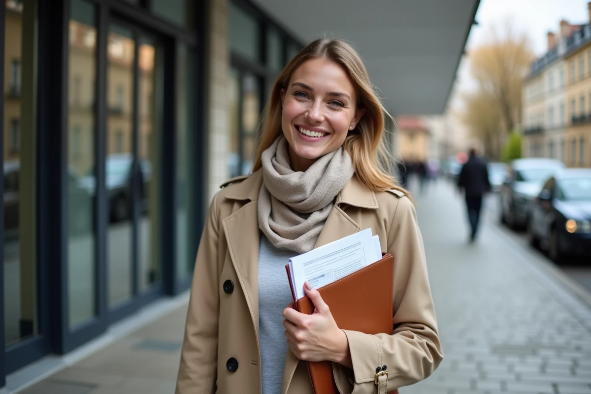Jeune femme souriante avec dossier de papiers de voiture devant un bâtiment administratif