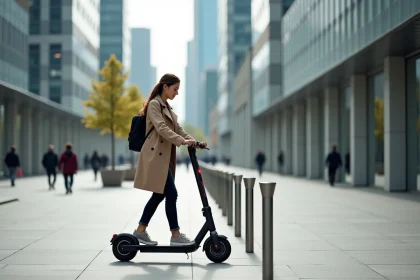 Jeune femme en trench beige et jeans noirs gare son scooter &eacute;lectrique &agrave; La D&eacute;fense