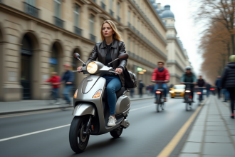 Jeune femme en scooter dans une rue parisienne animée