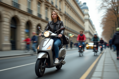 Jeune femme en scooter dans une rue parisienne animée