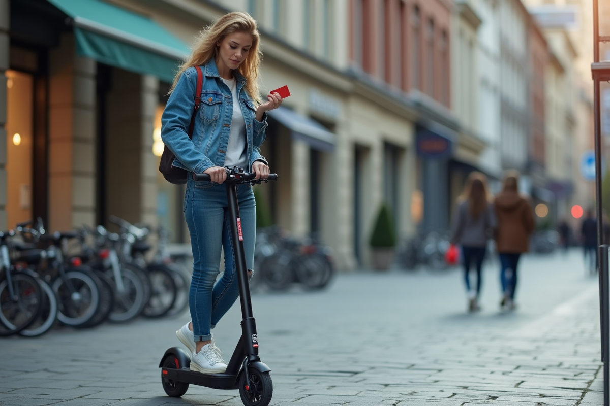 Jeune femme en scooter dans la ville avec carte d'assurance