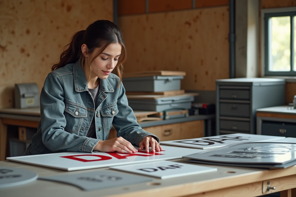 Jeune femme examinant des &eacute;chantillons de logos DAF sur une table