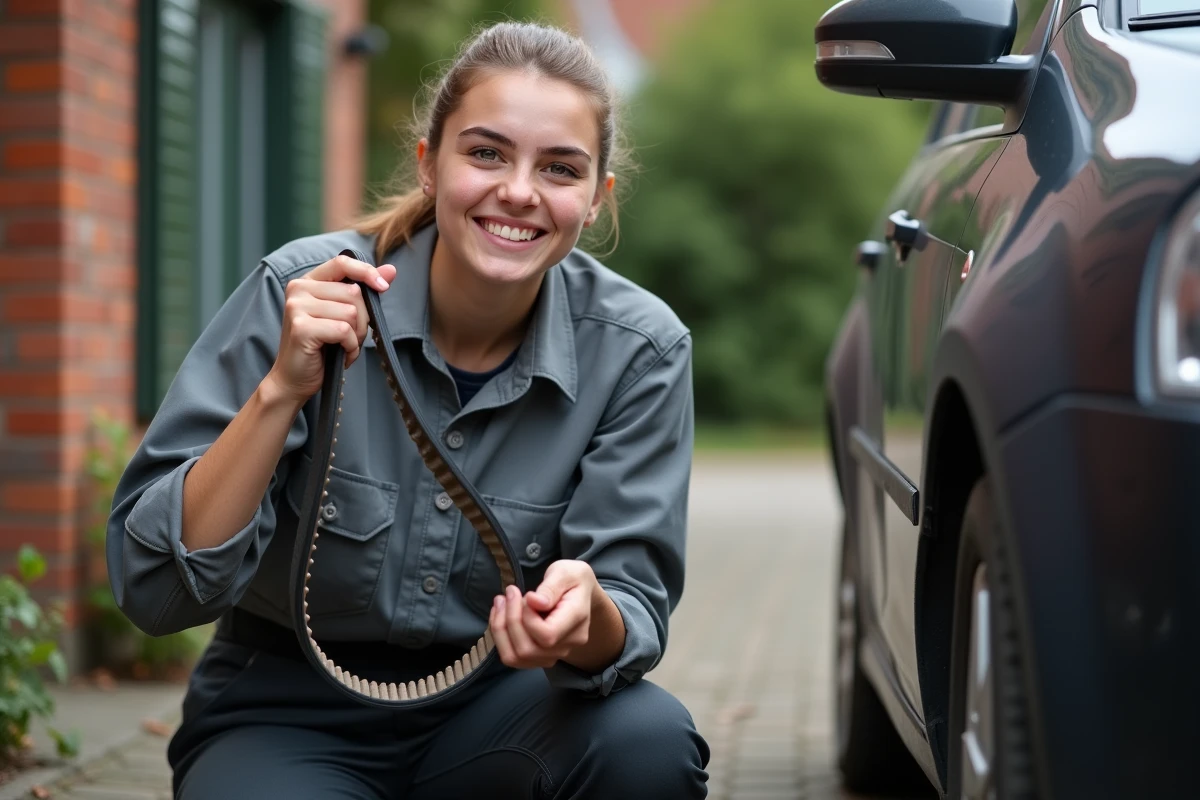 Jeune mécanicienne montrant une courroie de distribution à côté d