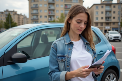 Jeune femme en denim devant une voiture en ville
