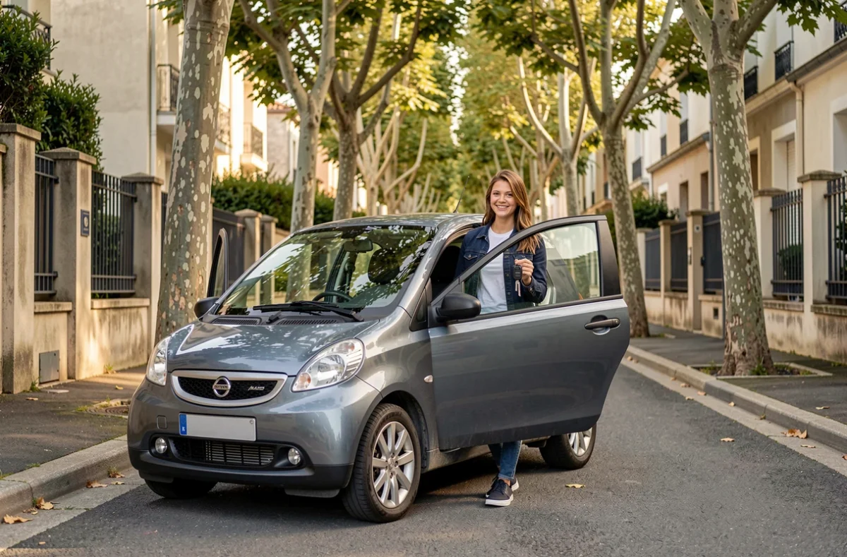 Jeune fille de 16 ans sortant d'une microvoiture garée dans une rue résidentielle française, clés en main