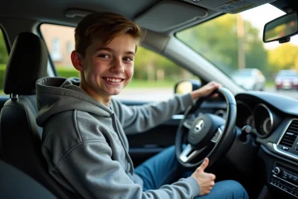 Jeune homme souriant dans une voiture moderne