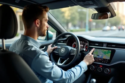 Jeune homme dans une voiture moderne explore le tableau de bord