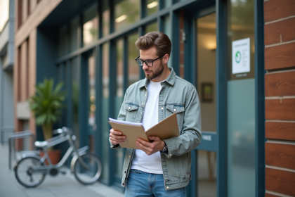 Jeune homme avec documents devant un b&acirc;timent administratif