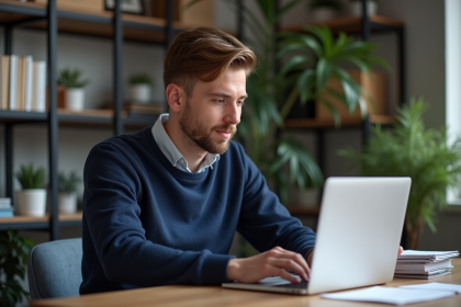 Jeune homme concentré sur son ordinateur dans un bureau cosy