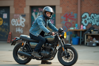 Jeune homme avec moto customisée en milieu urbain