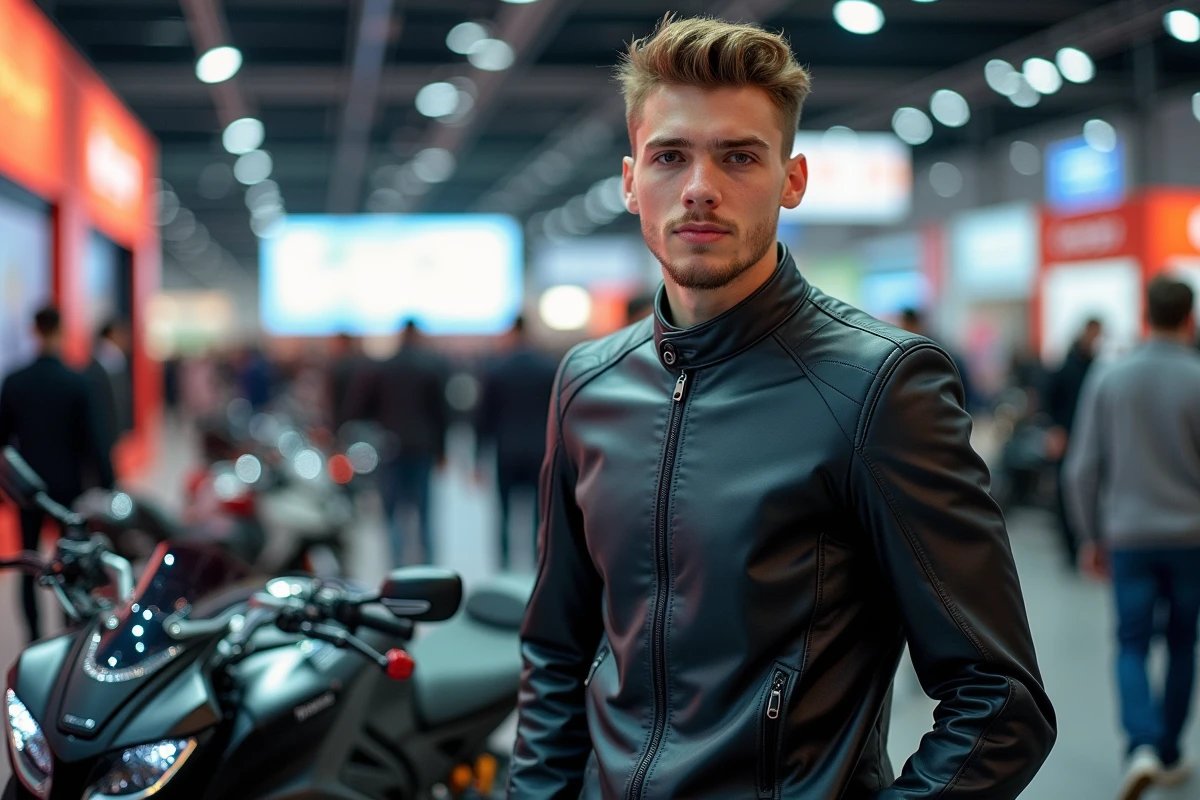 Jeune homme avec veste moto à côté d