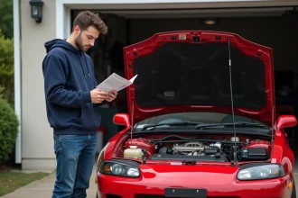Jeune homme inspectant une Nissan Silvia rouge en extérieur