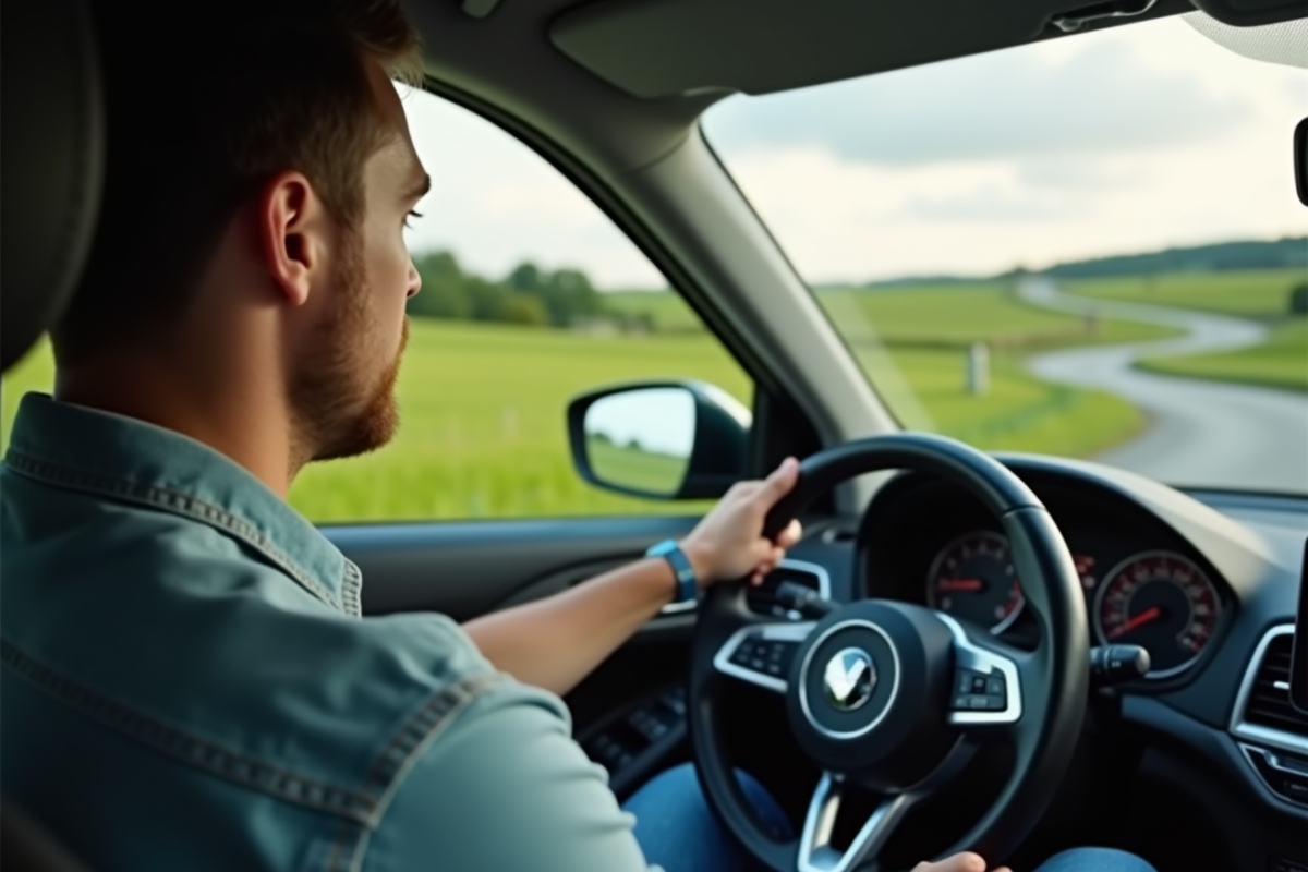 Jeune homme conduisant sur une route rurale verte