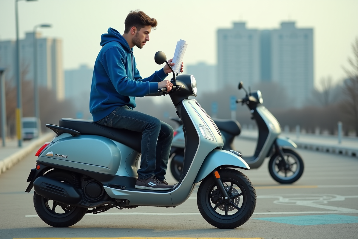 Jeune homme vérifiant ses papiers sur un scooter