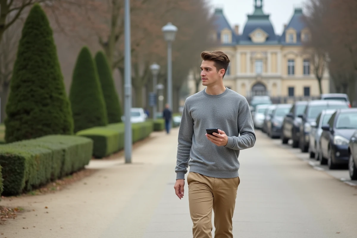 Jeune homme utilisant son smartphone près du parking
