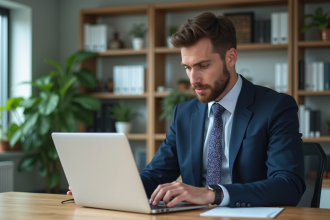 Jeune homme en costume analyse résultats SEO sur ordinateur
