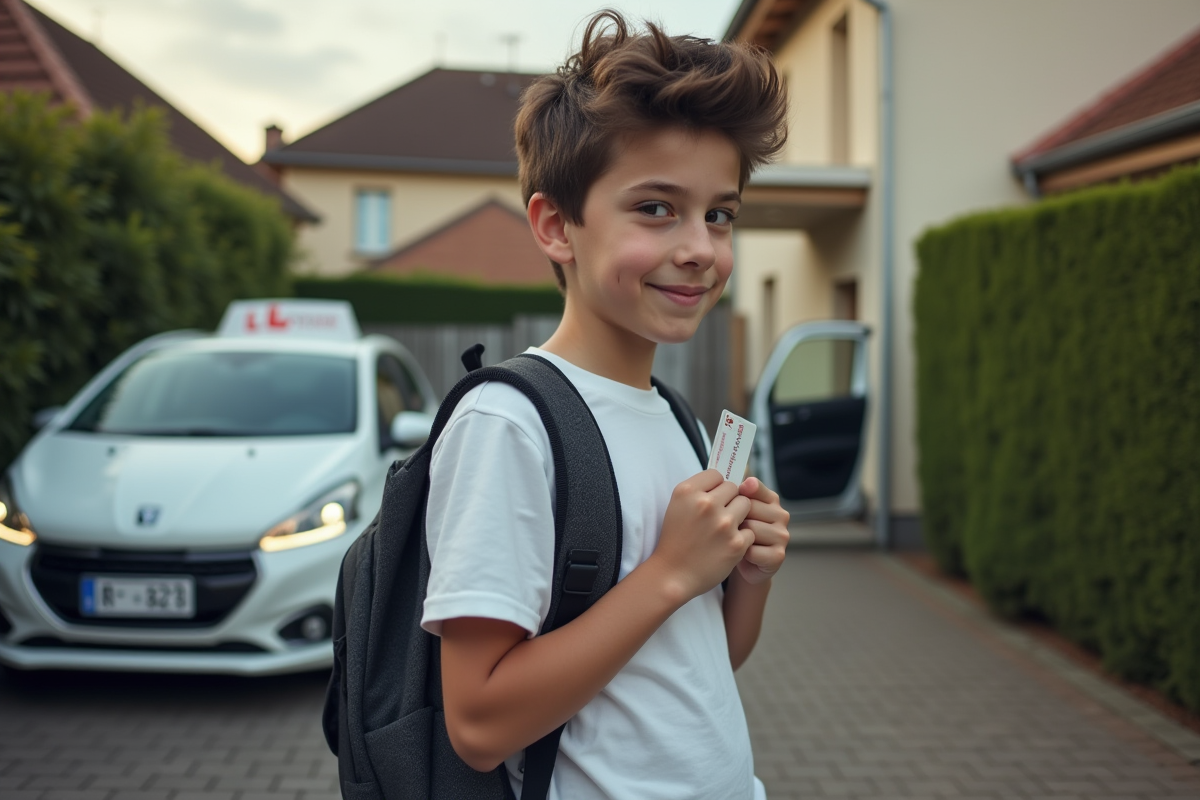 Jeune homme vérifiant son permis devant sa voiture