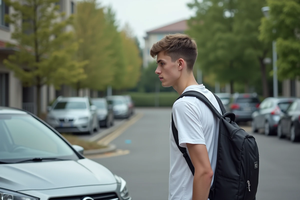 Jeune homme inspectant une voiture de location dans un parking