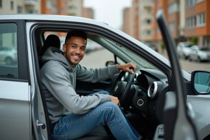 Jeune homme souriant dans une voiture compacte en ville