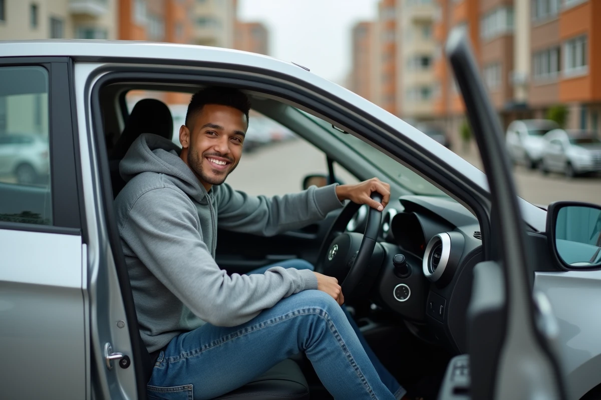 Jeune homme souriant dans une voiture compacte en ville