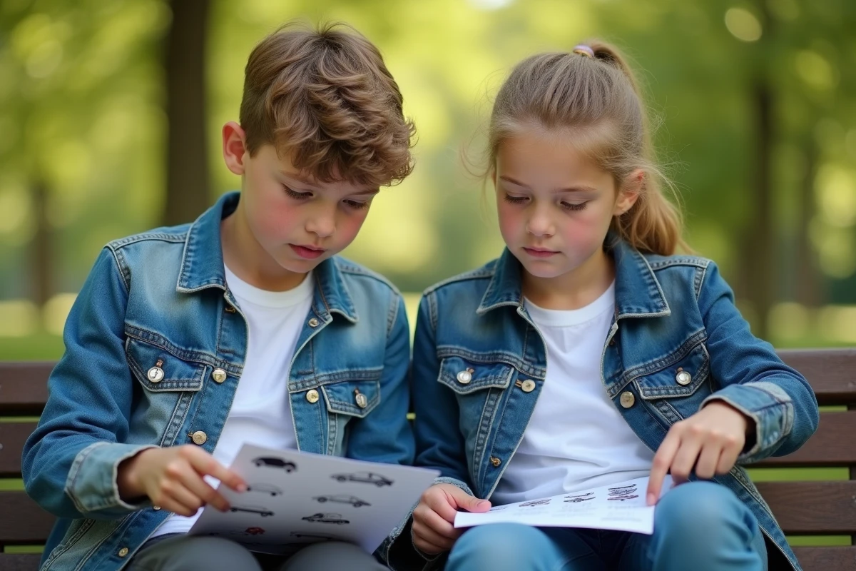 Deux adolescents concentrés sur un quiz de logos voitures en plein air