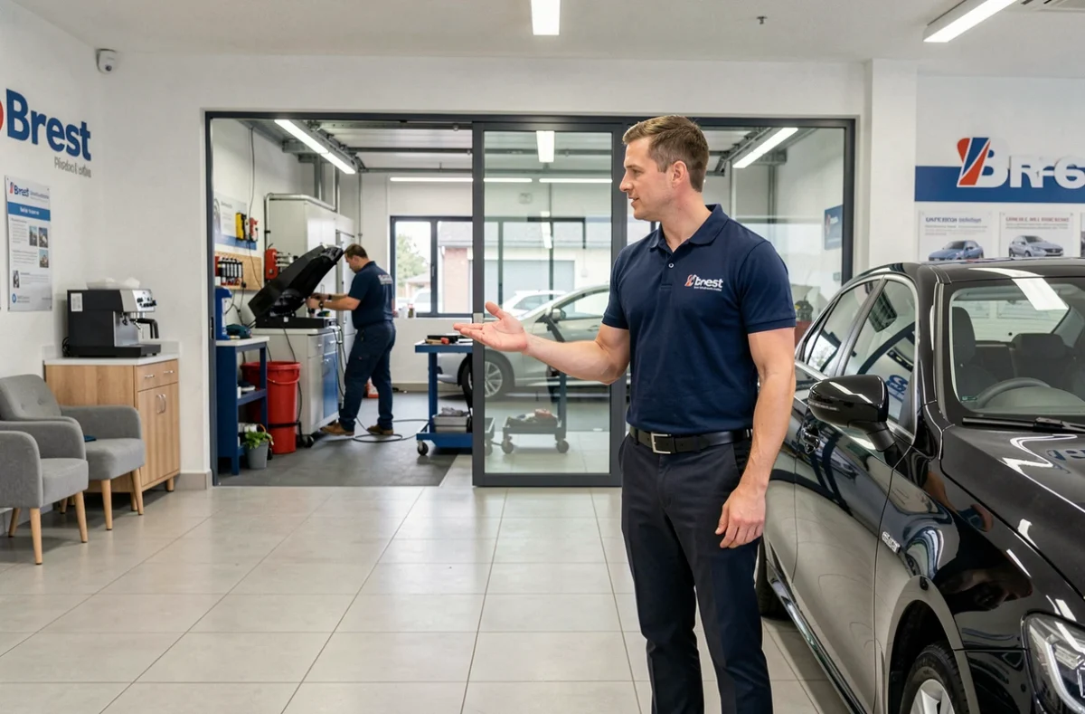 Conseiller de Jouquand Automobiles présentant un véhicule en salle d'exposition avec l'atelier mécanique visible en arrière-plan à Brest