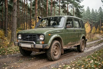 Lada Niva 4x4 garé sur un chemin forestier boueux en automne, vue trois quarts avant
