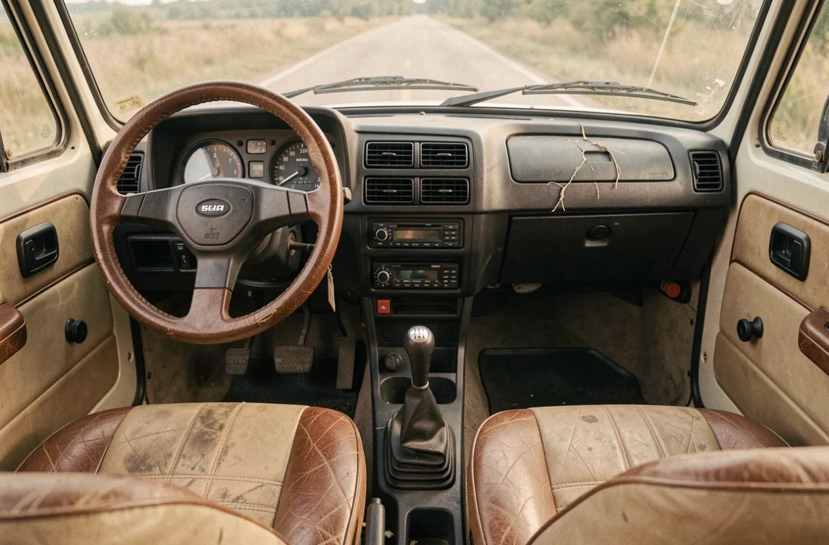 Intérieur rustique du tableau de bord d'un Lada Niva 4x4 avec levier de boîte et instrumentation analogique