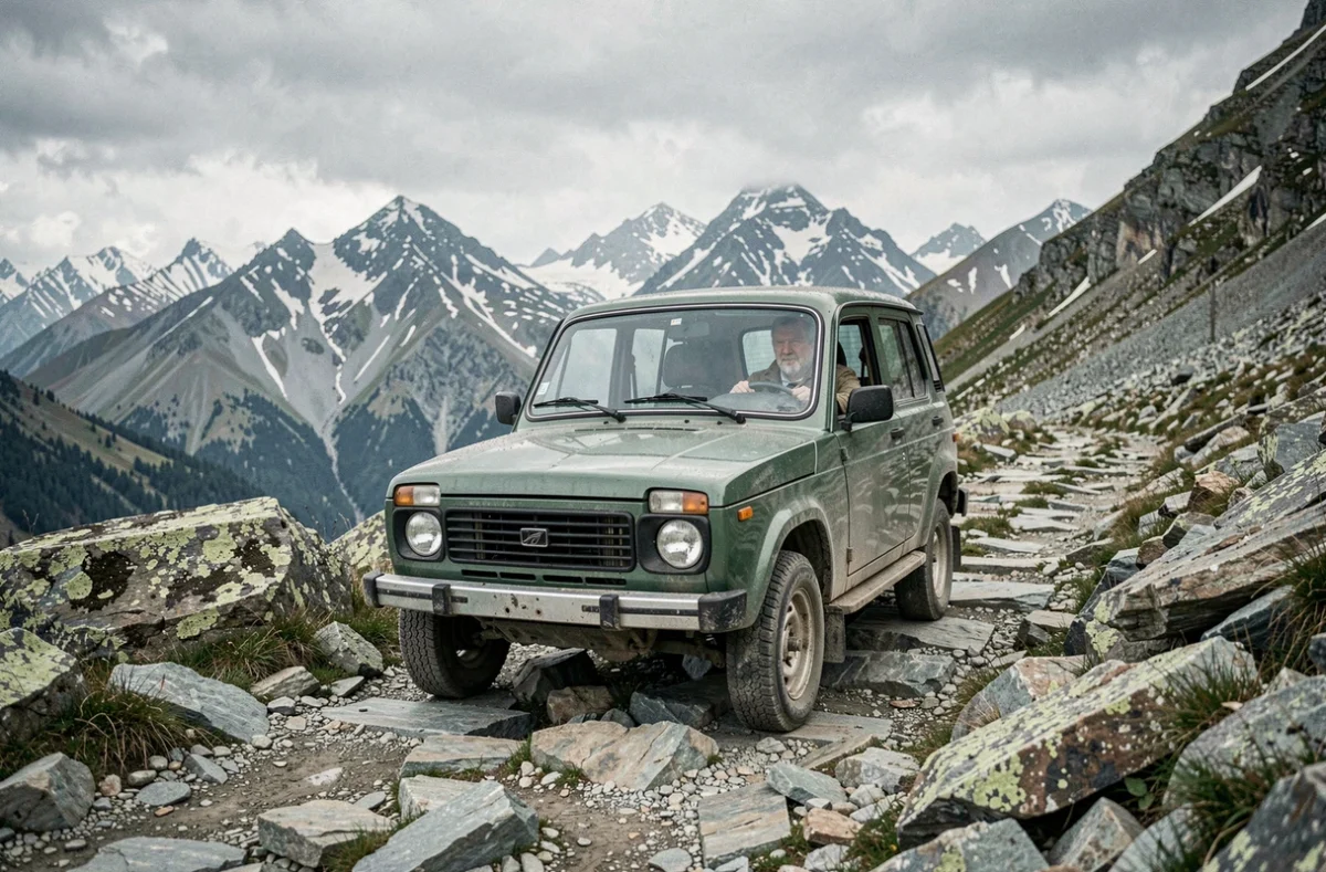 Lada Niva 4x4 gravissant une piste rocheuse en montagne avec paysage caucasien en arrière-plan