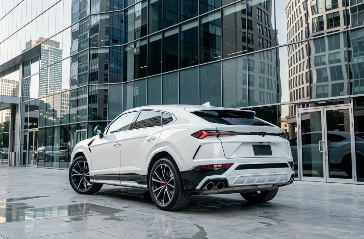 Lamborghini Urus blanc nacré devant un immeuble urbain contemporain en verre et acier, vue arrière trois-quarts mettant en valeur les feux en Y et les sorties d'échappement
