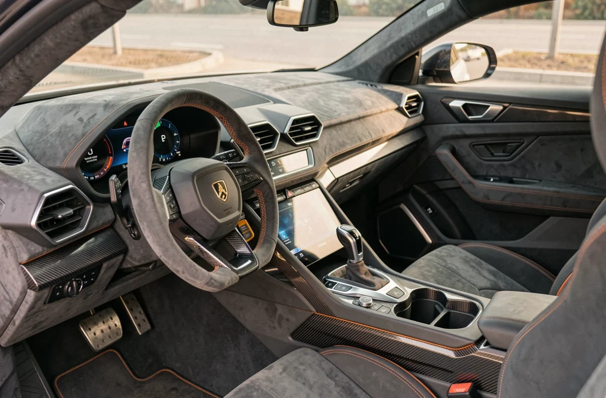 Intérieur luxueux du Lamborghini Urus avec sellerie Alcantara gris foncé et surpiqûres orange, tableau de bord sport et console centrale carbone