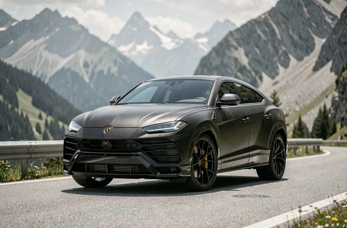 Lamborghini Urus noir mat garé sur une route de montagne alpine, vue trois-quarts avant sur fond de sommets enneigés