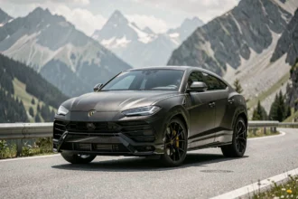 Lamborghini Urus noir mat garé sur une route de montagne alpine, vue trois-quarts avant sur fond de sommets enneigés