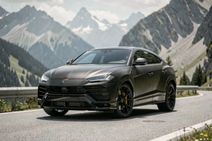 Lamborghini Urus noir mat garé sur une route de montagne alpine, vue trois-quarts avant sur fond de sommets enneigés