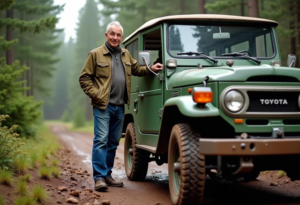 Homme souriant à côté d'un Toyota Land Cruiser en forêt