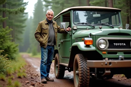 Homme souriant &agrave; c&ocirc;t&eacute; d'un Toyota Land Cruiser en for&ecirc;t