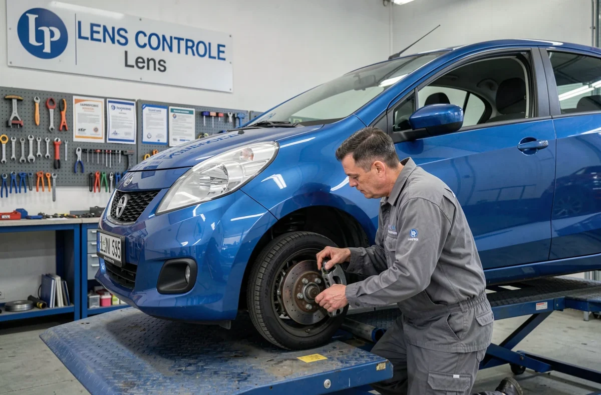 Centre Lens Controle Automobile à Lens, technicien inspectant les freins et pneus d'une voiture bleue sur pont