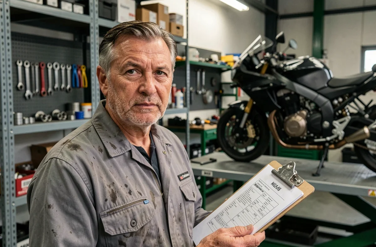 Mécanicien moto en atelier tenant des documents de contrôle technique, symbolisant le débat autour du CT moto obligatoire