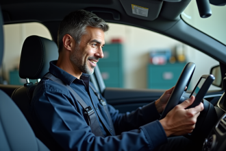 Mécanicien auto en overalls utilisant un diagnostic dans l'atelier