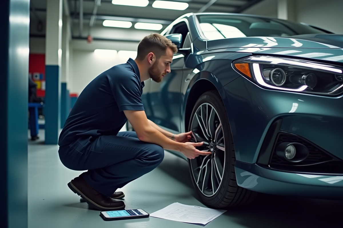 Mécanicien changeant un pneu dans un garage propre avec propriétaire