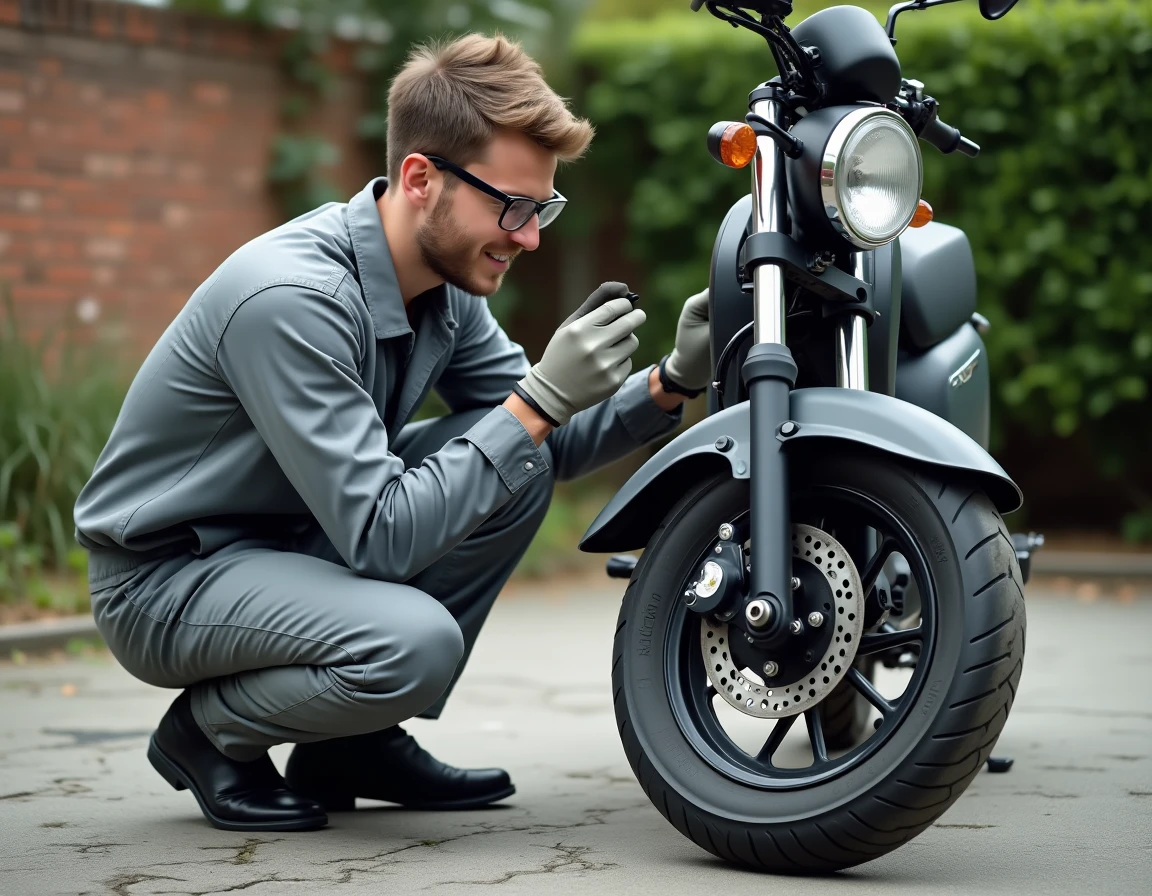 Mécanicien inspectant les fourches avant et le frein d'un Yamaha TZR 50cc d'occasion lors d'un contrôle technique avant achat